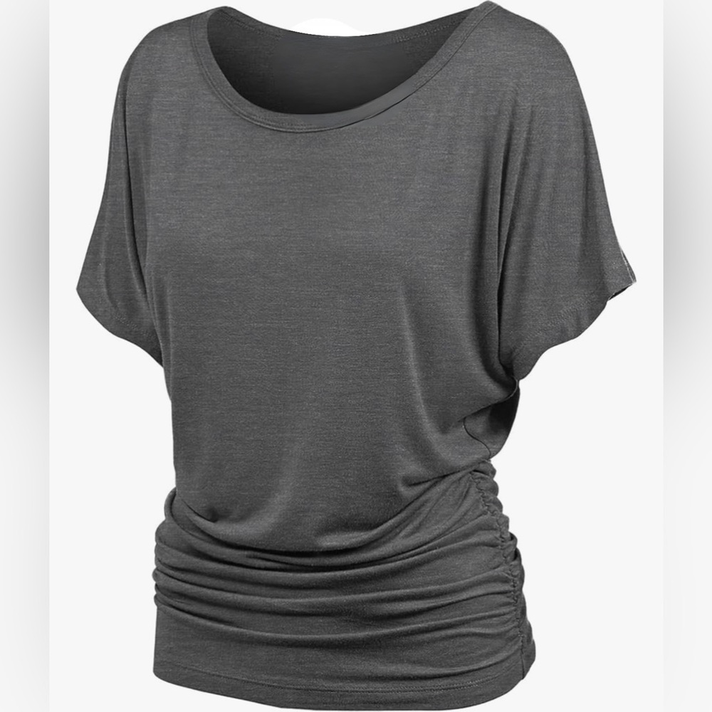 Casual Solid Short Sleeve Boat Neck Dolman Top with Side Shirring -charcoal